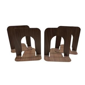 VTG Wood Grain Bookends Industrial Metal School Library Shelf 2 Sets 5"